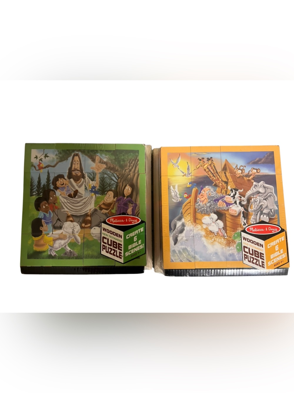 NWT 2 Melissa & Doug Wooden Cube Puzzles Old & New Testament Bible - 12 Scenes